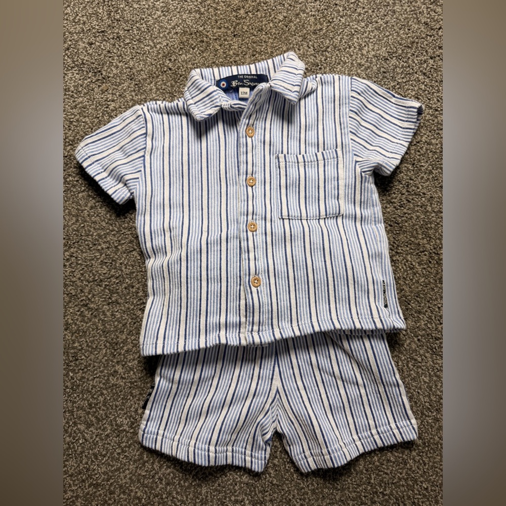 Ben Sherman Baby Boys Blue Stripe Button Shirt & Shorts Set | 12M | Mod Classic